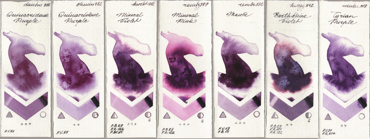 Daniel Smith 225 Quinacridone Purple, Shminke Horadam Aquarell 472 Quinacridone Purple, Holbein Artists Watercolor 112 Mineral Violet, Roman Szmal Aquarius 379 Mineral Pink, Royal Talens Rembrandt Watercolour 532 Mauve, 542 Earthshine Violet, Winsor & Newton Professional 419 Tyrian Purp watercolor swatch