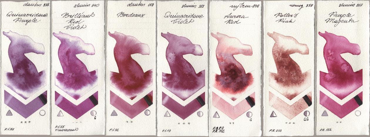 Daniel Smith 225 Quinacridone Purple, Shminke Horadam Aquarell 940 Brilliant Red Violet, 008 Bordeaux, 368 Quinacridone Violet, Mijello Mission Gold 806 Aurora Red, Roman Szmal Aquarius 359 Potters Pink, 367 Purple Magen watercolor swatch