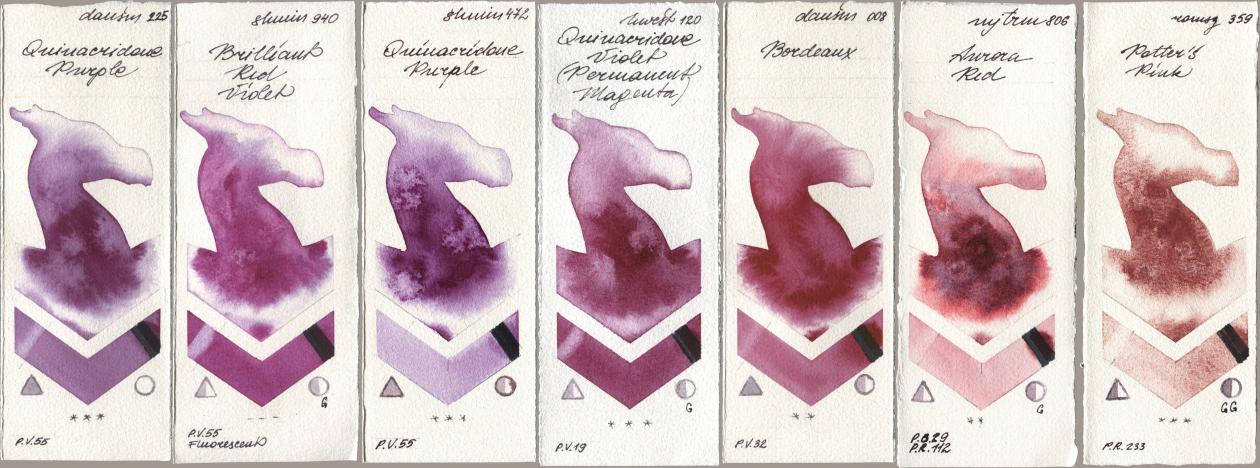 Daniel Smith 225 Quinacridone Purple, Shminke Horadam Aquarell 940 Brilliant Red Violet, 472 Quinacridone Purple, Holbein Artists Watercolor 120 Quinacridone Violet (Permanent Magenta), 008 Bordeaux, Mijello Mission Gold 806 Aurora Red, Roman Szmal Aquarius 359 Potters Pi watercolor swatch