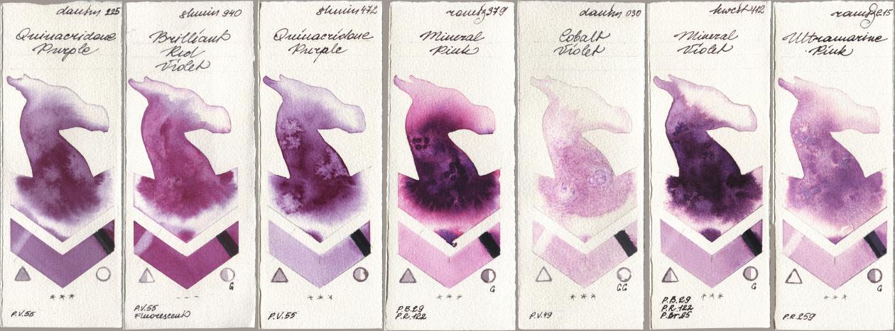 Daniel Smith 225 Quinacridone Purple, Shminke Horadam Aquarell 940 Brilliant Red Violet, 472 Quinacridone Purple, Roman Szmal Aquarius 379 Mineral Pink, 030 Cobalt Violet, Holbein Artists Watercolor 112 Mineral Violet, 215 Ultramarine Pi watercolor swatch