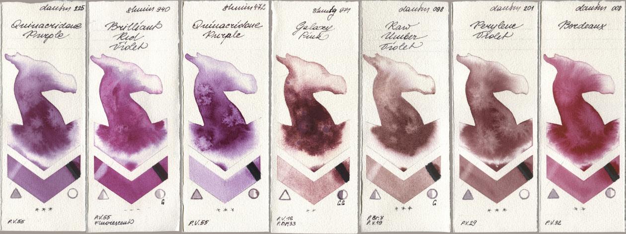 Daniel Smith 225 Quinacridone Purple, Shminke Horadam Aquarell 940 Brilliant Red Violet, 472 Quinacridone Purple, 971 Galaxy Pink, 098 Raw Umber Violet, 201 Perylene Violet, 008 Bordea watercolor swatch
