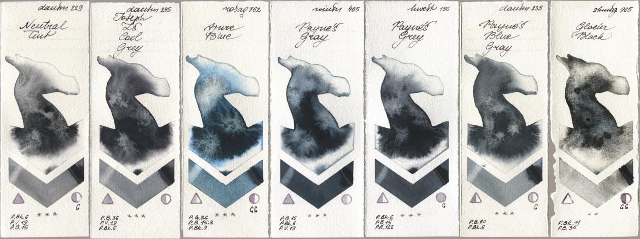 Daniel Smith 229 Neutral Tint, 245 Joseph Zs Cool Grey, Rosa Gallery 762 Azure Blue, Winsor & Newton Professional 465 Paynes Gray, Holbein Artists Watercolor 156 Paynes Grey, 235 Paynes Blue Gray, Shminke Horadam Aquarell 965 Glacier Bla watercolor swatch