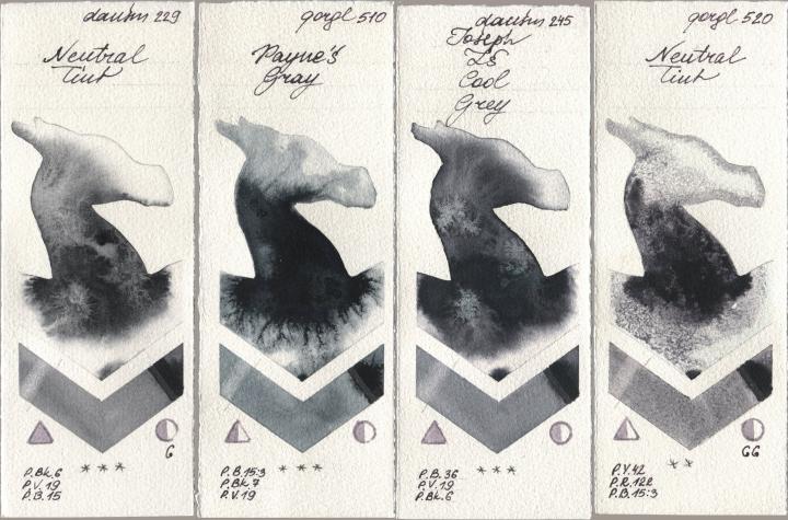 Daniel Smith 229 Neutral Tint, Golden QOR 510 Paynes Gray, 245 Joseph Zs Cool Grey, 520 Neutral Ti watercolor swatch