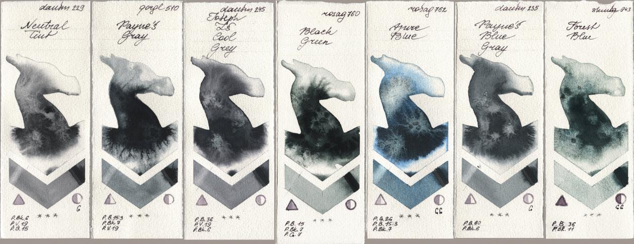 Daniel Smith 229 Neutral Tint, Golden QOR 510 Paynes Gray, 245 Joseph Zs Cool Grey, Rosa Gallery 760 Black Green, 762 Azure Blue, 235 Paynes Blue Gray, Shminke Horadam Aquarell 943 Forest Bl watercolor swatch