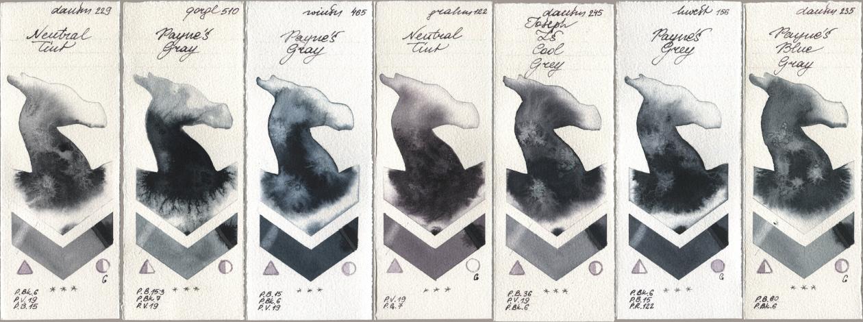 Daniel Smith 229 Neutral Tint, Golden QOR 510 Paynes Gray, Winsor & Newton Professional 465 Paynes Gray, M. Graham & Co. Artists 122 Neutral Tint, 245 Joseph Zs Cool Grey, Holbein Artists Watercolor 156 Paynes Grey, 235 Paynes Blue Gr watercolor swatch