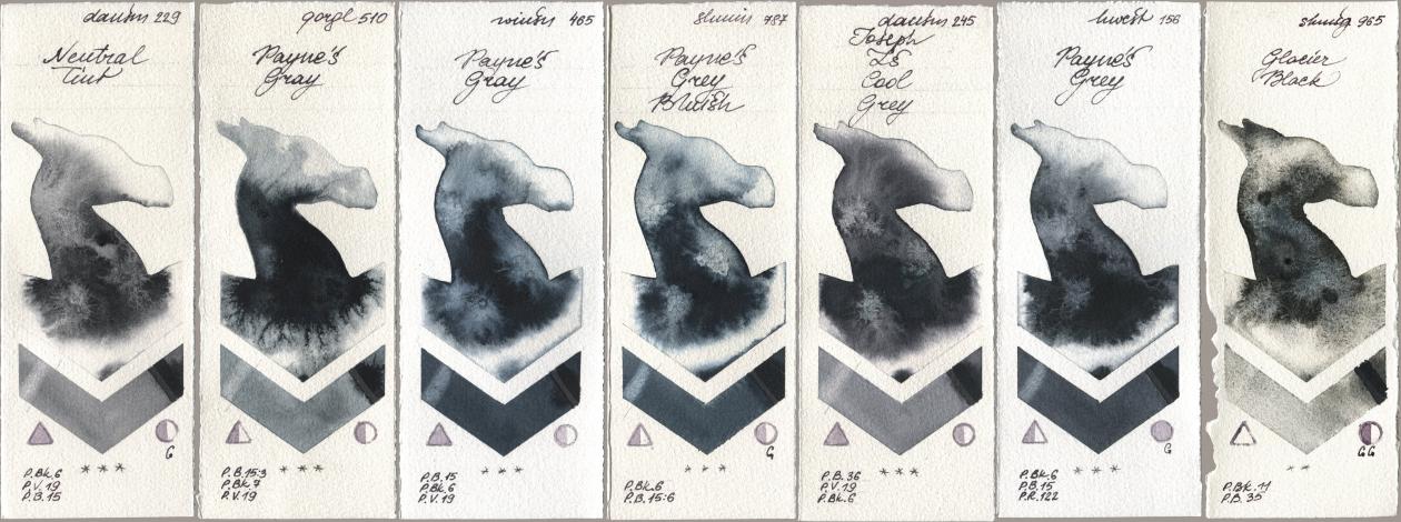 Daniel Smith 229 Neutral Tint, Golden QOR 510 Paynes Gray, Winsor & Newton Professional 465 Paynes Gray, Shminke Horadam Aquarell 787 Paynes Grey Bluish, 245 Joseph Zs Cool Grey, Holbein Artists Watercolor 156 Paynes Grey, 965 Glacier Bla watercolor swatch