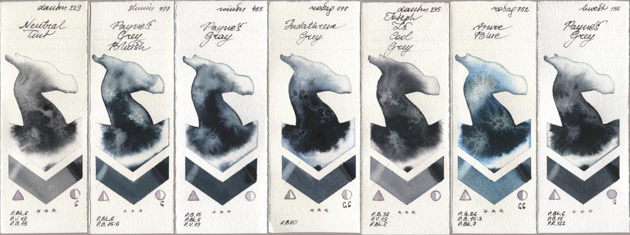 Daniel Smith 229 Neutral Tint, Shminke Horadam Aquarell 787 Paynes Grey Bluish, Winsor & Newton Professional 465 Paynes Gray, Rosa Gallery 778 Indanthrene Grey, 245 Joseph Zs Cool Grey, 762 Azure Blue, Holbein Artists Watercolor 156 Paynes Gr watercolor swatch