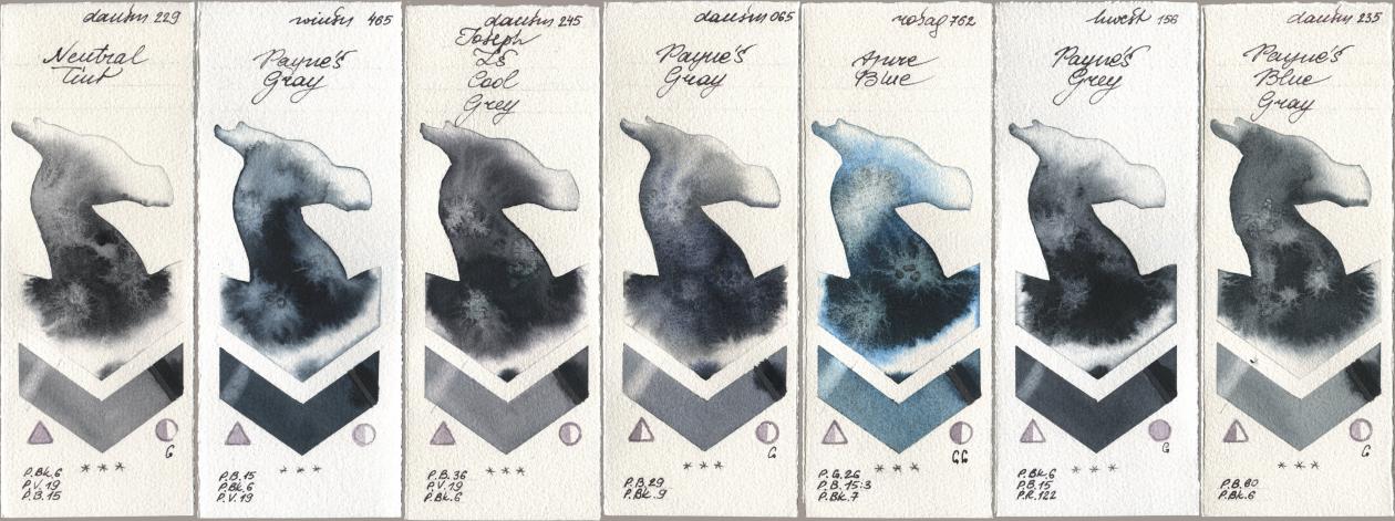 Daniel Smith 229 Neutral Tint, Winsor & Newton Professional 465 Paynes Gray, 245 Joseph Zs Cool Grey, 065 Paynes Gray, Rosa Gallery 762 Azure Blue, Holbein Artists Watercolor 156 Paynes Grey, 235 Paynes Blue Gr watercolor swatch