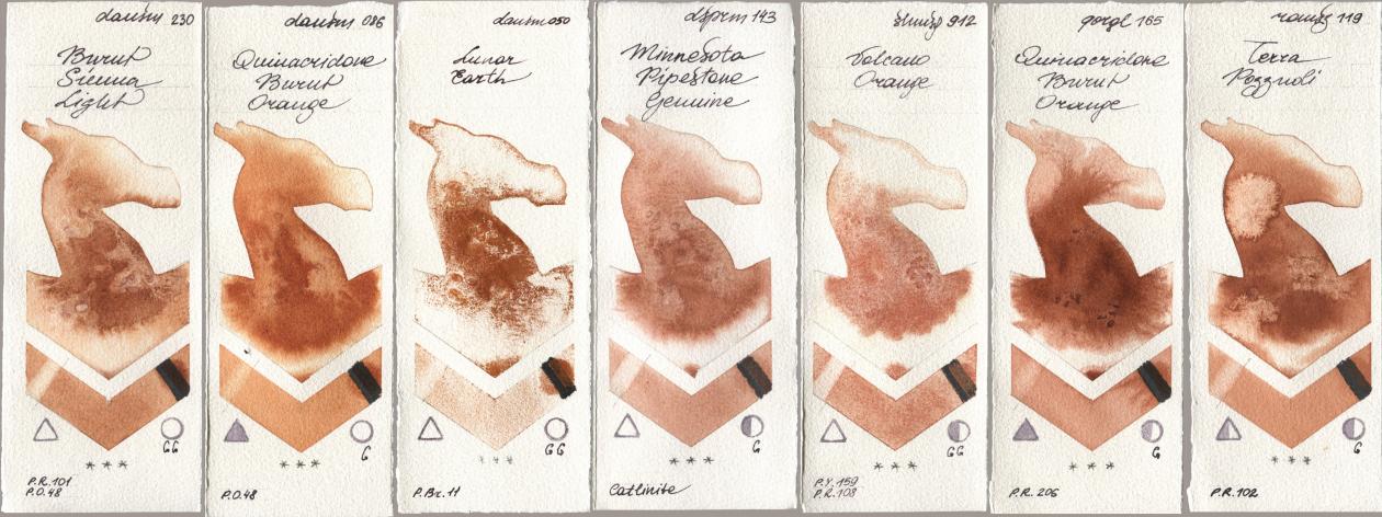 Daniel Smith 230 Burnt Sienna Light, 086 Quinacridone Burnt Orange, 050 Lunar Earth, 143 Minnesota Pipestone Genuine, Shminke Horadam Aquarell 912 Volcano Orange, Golden QOR 165 Quinacridone Burnt Orange, Roman Szmal Aquarius 119 Terra Pozzuo watercolor swatch