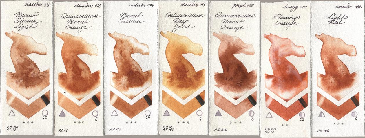 Daniel Smith 230 Burnt Sienna Light, 086 Quinacridone Burnt Orange, Winsor & Newton Professional 074 Burnt Sienna, 152 Quinacridone Deep Gold, Golden QOR 165 Quinacridone Burnt Orange, Holbein Artists Watercolor 504 Flamingo Orange, 362 Light R watercolor swatch
