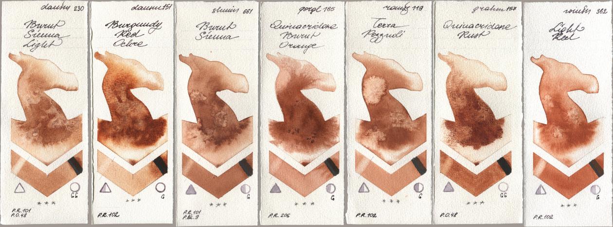 Daniel Smith 230 Burnt Sienna Light, 151 Burgundy Red Ochre, Shminke Horadam Aquarell 661 Burnt Sienna, Golden QOR 165 Quinacridone Burnt Orange, Roman Szmal Aquarius 119 Terra Pozzuoli, M. Graham & Co. Artists 157 Quinacridone Rust, Winsor & Newton Professional 362 Light R watercolor swatch