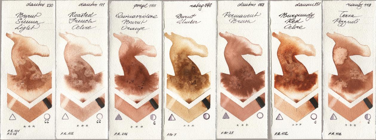 Daniel Smith 230 Burnt Sienna Light, 171 Roasted French Ochre, Golden QOR 165 Quinacridone Burnt Orange, Rosa Gallery 746 Burnt Umber, 068 Permanent Brown, 151 Burgundy Red Ochre, Roman Szmal Aquarius 119 Terra Pozzuo watercolor swatch