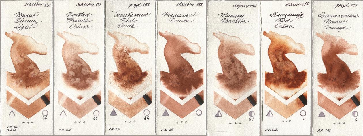 Daniel Smith 230 Burnt Sienna Light, 171 Roasted French Ochre, Golden QOR 455 Transparent Red Oxide, 068 Permanent Brown, 166 Mummy Bauxite, 151 Burgundy Red Ochre, 165 Quinacridone Burnt Oran watercolor swatch