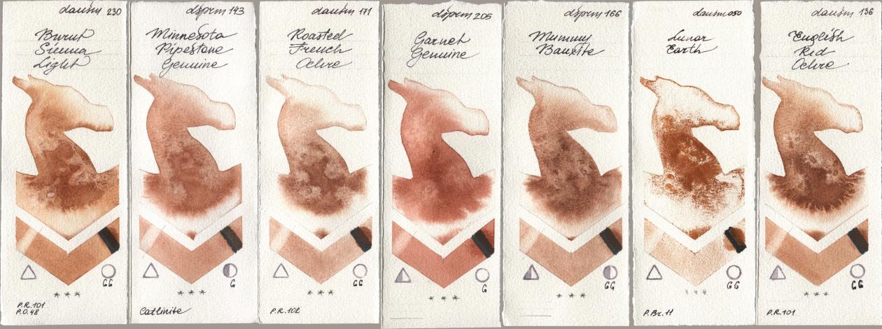 Daniel Smith 230 Burnt Sienna Light, 143 Minnesota Pipestone Genuine, 171 Roasted French Ochre, 205 Garnet Genuine, 166 Mummy Bauxite, 050 Lunar Earth, 136 English Red Och watercolor swatch