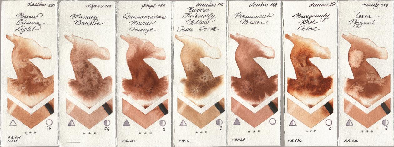 Daniel Smith 230 Burnt Sienna Light, 166 Mummy Bauxite, Golden QOR 165 Quinacridone Burnt Orange, 176 Enviro-Friendly Yellow Iron Oxide, 068 Permanent Brown, 151 Burgundy Red Ochre, Roman Szmal Aquarius 119 Terra Pozzuo watercolor swatch