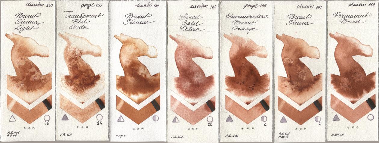Daniel Smith 230 Burnt Sienna Light, Golden QOR 455 Transparent Red Oxide, Holbein Artists Watercolor 134 Burnt Sienna, 172 Fired Gold Ochre, 165 Quinacridone Burnt Orange, Shminke Horadam Aquarell 661 Burnt Sienna, 068 Permanent Bro watercolor swatch