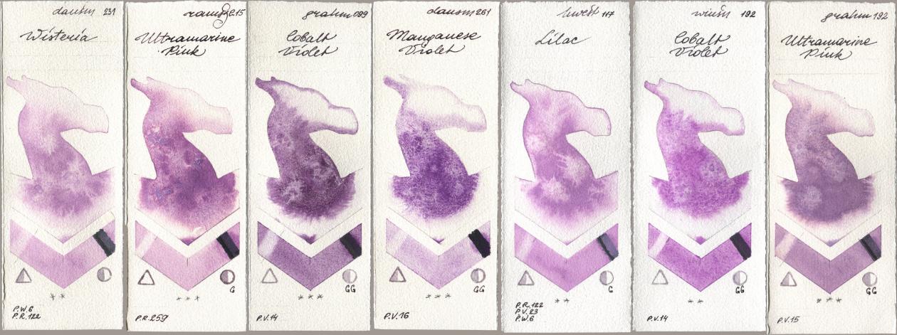 Daniel Smith 231 Wisteria, Roman Szmal Aquarius 215 Ultramarine Pink, M. Graham & Co. Artists 099 Cobalt Violet, 261 Manganese Violet, Holbein Artists Watercolor 117 Lilac, Winsor & Newton Professional 192 Cobalt Violet, 192 Ultramarine Pi watercolor swatch