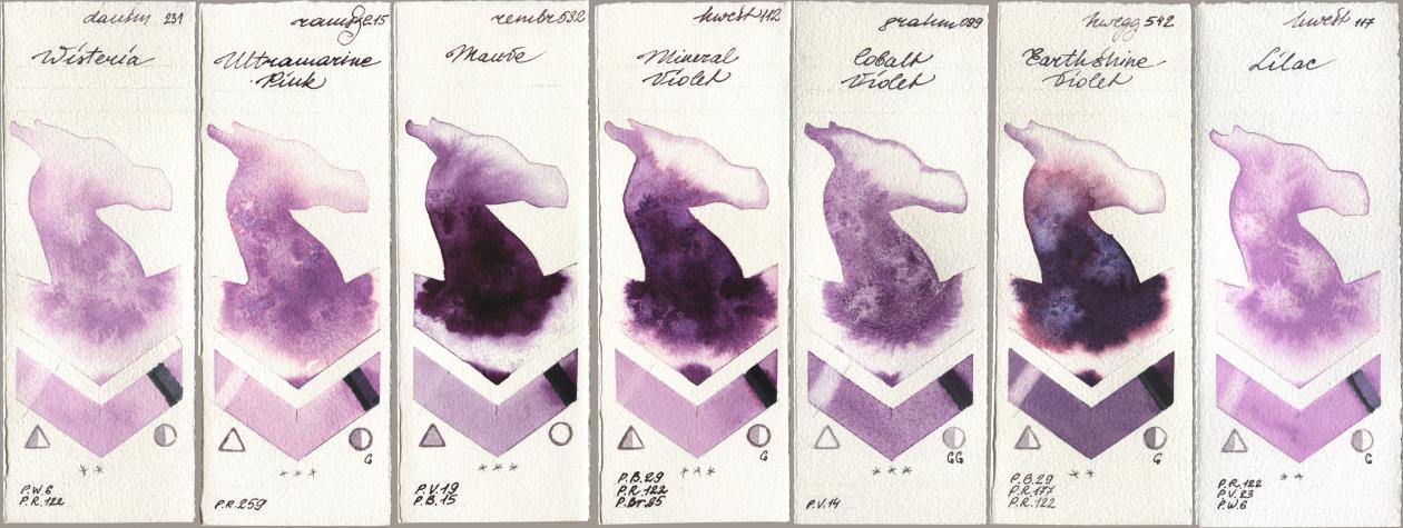 Daniel Smith 231 Wisteria, Roman Szmal Aquarius 215 Ultramarine Pink, Royal Talens Rembrandt Watercolour 532 Mauve, Holbein Artists Watercolor 112 Mineral Violet, M. Graham & Co. Artists 099 Cobalt Violet, 542 Earthshine Violet, 117 Lil watercolor swatch