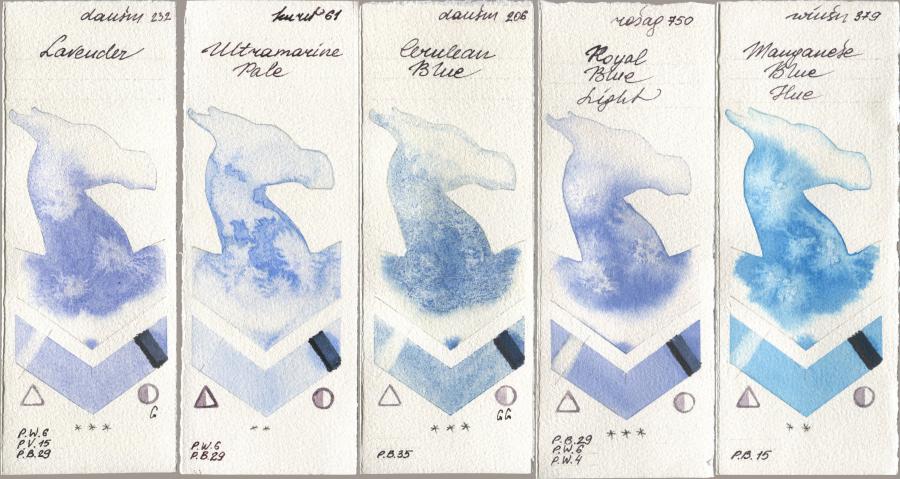 Daniel Smith 232 Lavender, Kuretake Gansai Tambi 061 Ultramatire Pale, 206 Cerulean Blue, Rosa Gallery 750 Royal Blue Light, Winsor & Newton Professional 379 Manganese Blue H watercolor swatch