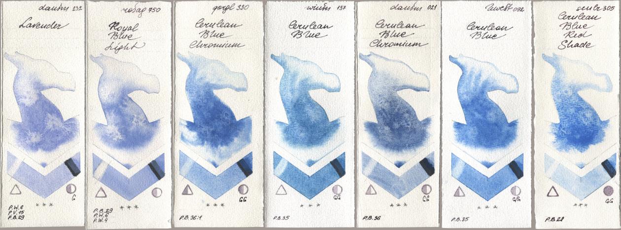 Daniel Smith 232 Lavender, Rosa Gallery 750 Royal Blue Light, Golden QOR 330 Cerulean Blue, Chromium, Winsor & Newton Professional 137 Cerulean Blue, 021 Cerulean Blue Chromium, Holbein Artists Watercolor 092 Cerulean Blue, Sennelier l Aquarelle 305 Cerulean Blue Red Sha watercolor swatch