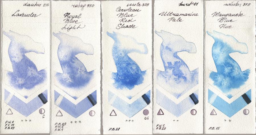 Daniel Smith 232 Lavender, Rosa Gallery 750 Royal Blue Light, Sennelier l Aquarelle 305 Cerulean Blue Red Shade, Kuretake Gansai Tambi 061 Ultramatire Pale, Winsor & Newton Professional 379 Manganese Blue H watercolor swatch