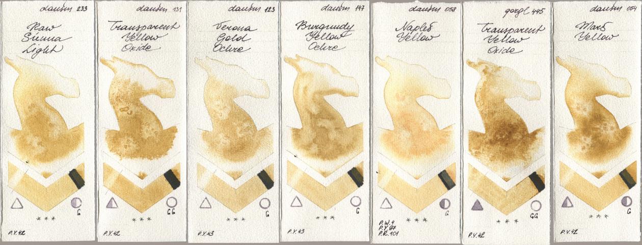 Daniel Smith 233 Raw Sienna Light, 131 Transparent Yellow Oxide, 123 Verona Gold Ochre, 147 Burgundy Yellow Ochre, 058 Naples Yellow, Golden QOR 445 Transparent Yellow Oxide, 054 Mars Yell watercolor swatch