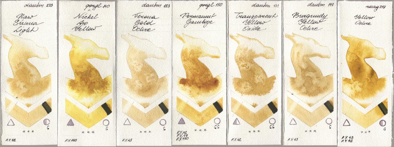 Daniel Smith 233 Raw Sienna Light, Golden QOR 140 Nickel Azo Yellow, 123 Verona Gold Ochre, 150 Permanent Gamboge, 131 Transparent Yellow Oxide, 147 Burgundy Yellow Ochre, Rosa Gallery 719 Yellow Och watercolor swatch