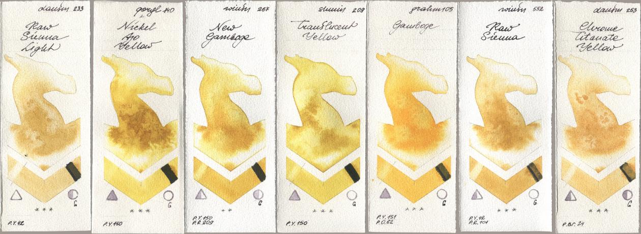 Daniel Smith 233 Raw Sienna Light, Golden QOR 140 Nickel Azo Yellow, Winsor & Newton Professional 267 New Gamboge, Shminke Horadam Aquarell 209 Translucent Yellow, M. Graham & Co. Artists 105 Gamboge, 552 Raw Sienna, 253 Chrome Titanate Yell watercolor swatch