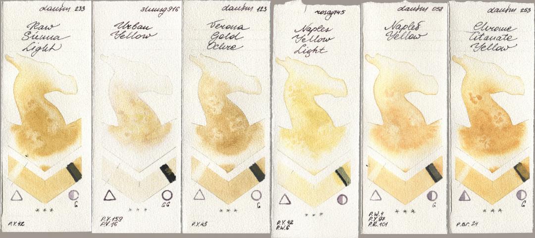 Daniel Smith 233 Raw Sienna Light, Shminke Horadam Aquarell 916 Urban Yellow, 123 Verona Gold Ochre, Rosa Gallery 745 Naples Yellow Light, 058 Naples Yellow, 253 Chrome Titanate Yell watercolor swatch