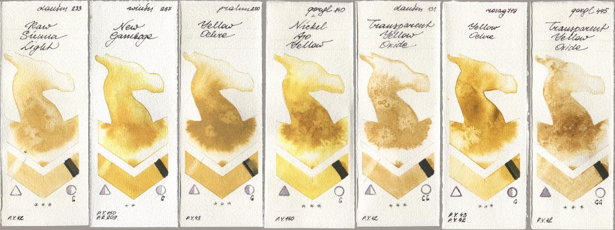 Daniel Smith 233 Raw Sienna Light, Winsor & Newton Professional 267 New Gamboge, M. Graham & Co. Artists 200 Yellow Ochre, Golden QOR 140 Nickel Azo Yellow, 131 Transparent Yellow Oxide, Rosa Gallery 719 Yellow Ochre, 445 Transparent Yellow Oxi watercolor swatch