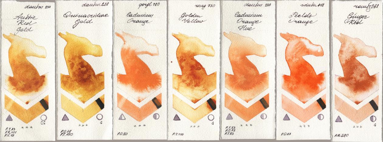 Daniel Smith 234 Aussie Red Gold, 238 Quinacridone Gold, Golden QOR 180 Cadmium Orange, Rosa Gallery 730 Golden Yellow, 220 Cadmium Orange Hue, Winsor & Newton Professional 418 Fields Orange, Roman Szmal Aquarius 368 Genger R watercolor swatch