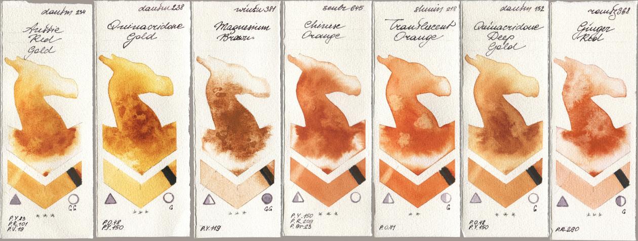 Daniel Smith 234 Aussie Red Gold, 238 Quinacridone Gold, Winsor & Newton Professional 381 Magnesuim Brown, Sennelier l Aquarelle 645 Chinese Orange, Shminke Horadam Aquarell 218 Translucent Orange / Transparent Orange, 152 Quinacridone Deep Gold, Roman Szmal Aquarius 368 Genger R watercolor swatch