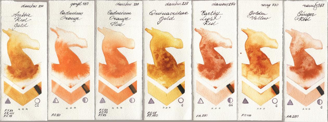 Daniel Smith 234 Aussie Red Gold, Golden QOR 180 Cadmium Orange, 220 Cadmium Orange Hue, 238 Quinacridone Gold, 254 Earthy Light Red, Rosa Gallery 730 Golden Yellow, Roman Szmal Aquarius 368 Genger R watercolor swatch