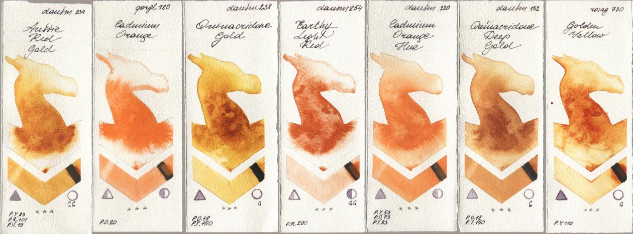 Daniel Smith 234 Aussie Red Gold, Golden QOR 180 Cadmium Orange, 238 Quinacridone Gold, 254 Earthy Light Red, 220 Cadmium Orange Hue, 152 Quinacridone Deep Gold, Rosa Gallery 730 Golden Yell watercolor swatch