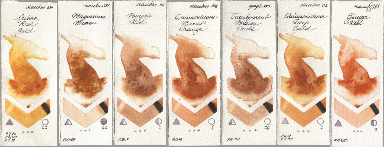 Daniel Smith 234 Aussie Red Gold, Winsor & Newton Professional 381 Magnesuim Brown, 116 Pompeii Red, 086 Quinacridone Burnt Orange, Golden QOR 475 Transparent Brown Oxide, 152 Quinacridone Deep Gold, Roman Szmal Aquarius 368 Genger R watercolor swatch