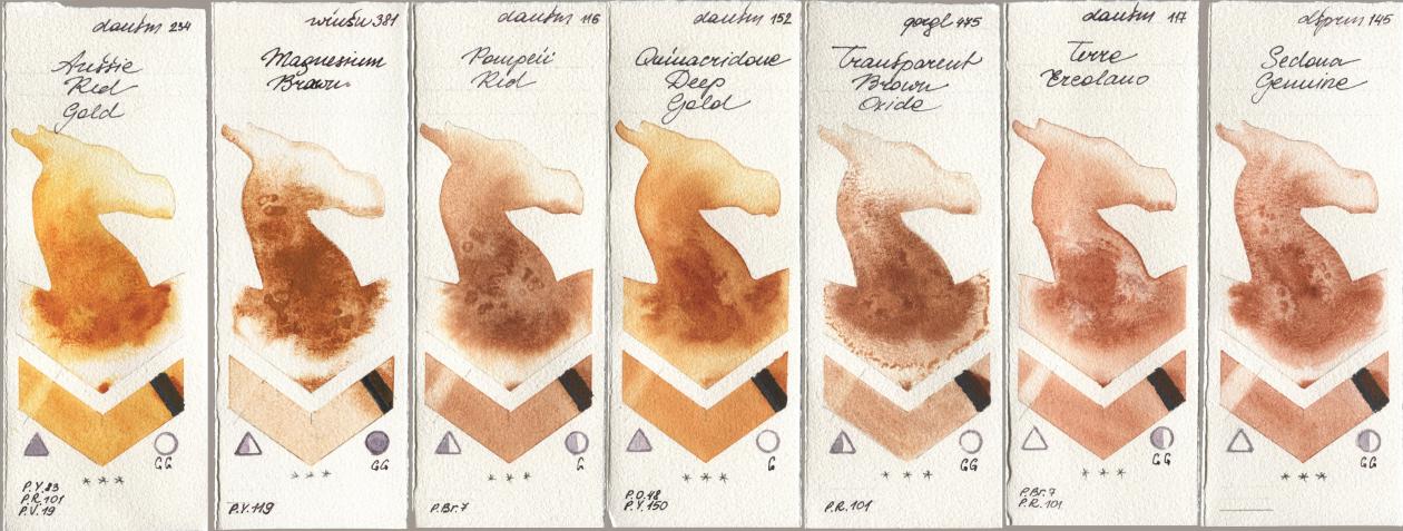 Daniel Smith 234 Aussie Red Gold, Winsor & Newton Professional 381 Magnesuim Brown, 116 Pompeii Red, 152 Quinacridone Deep Gold, Golden QOR 475 Transparent Brown Oxide, 117 Terre Ercolano, 145 Sedona Genui watercolor swatch