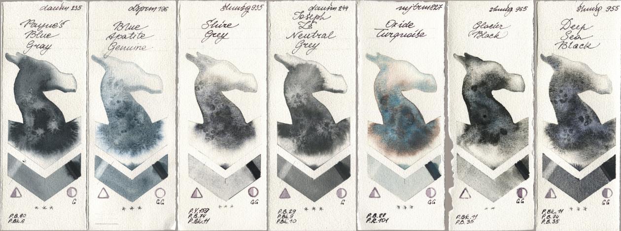 Daniel Smith 235 Paynes Blue Gray, 196 Blue Apatite Genuine, Shminke Horadam Aquarell 935 Shire Grey, 244 Joseph Zs Neutral Grey, Mijello Mission Gold 827 Oxide Turquoise, 965 Glacier Black, 955 Deep Sea Bla watercolor swatch