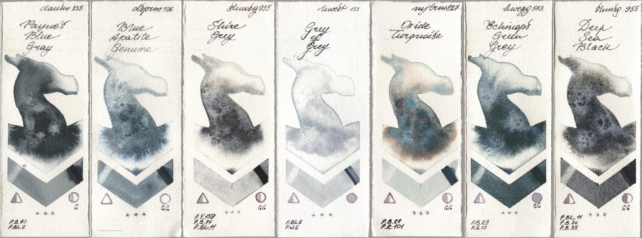 Daniel Smith 235 Paynes Blue Gray, 196 Blue Apatite Genuine, Shminke Horadam Aquarell 935 Shire Grey, Holbein Artists Watercolor 153 Grey of Grey, Mijello Mission Gold 827 Oxide Turquoise, 563 Echinops Green Grey, 955 Deep Sea Bla watercolor swatch