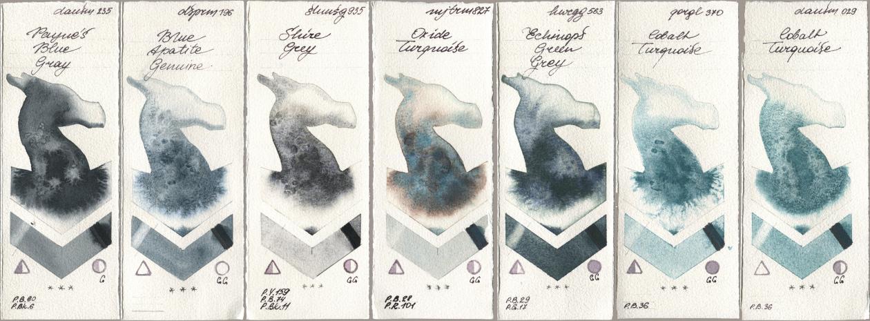 Daniel Smith 235 Paynes Blue Gray, 196 Blue Apatite Genuine, Shminke Horadam Aquarell 935 Shire Grey, Mijello Mission Gold 827 Oxide Turquoise, Holbein Artists Watercolor 563 Echinops Green Grey, Golden QOR 370 Cobalt Turquoise, 029 Cobalt Turquoi watercolor swatch