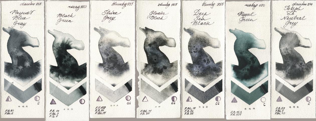 Daniel Smith 235 Paynes Blue Gray, Rosa Gallery 760 Black Green, Shminke Horadam Aquarell 935 Shire Grey, 965 Glacier Black, 955 Deep Sea Black, 780 Royal Green, 244 Joseph Zs Neutral Gr watercolor swatch
