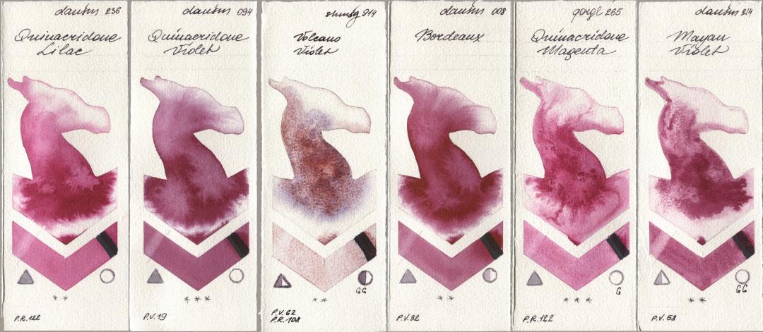 Daniel Smith 236 Quinacridone Lilac, 094 Quinacridone Violet, Shminke Horadam Aquarell 914 Volcano Violet, 008 Bordeaux, Golden QOR 265 Quinacridone Magenta, 214 Mayan Viol watercolor swatch