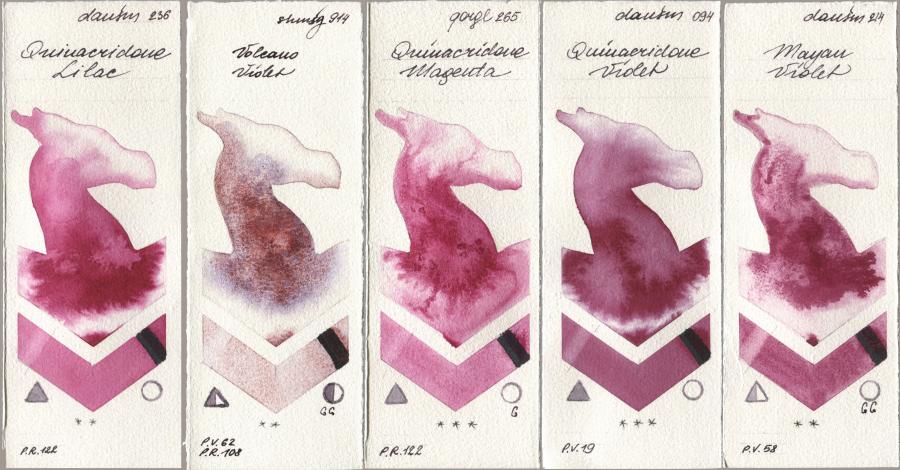 Daniel Smith 236 Quinacridone Lilac, Shminke Horadam Aquarell 914 Volcano Violet, Golden QOR 265 Quinacridone Magenta, 094 Quinacridone Violet, 214 Mayan Viol watercolor swatch