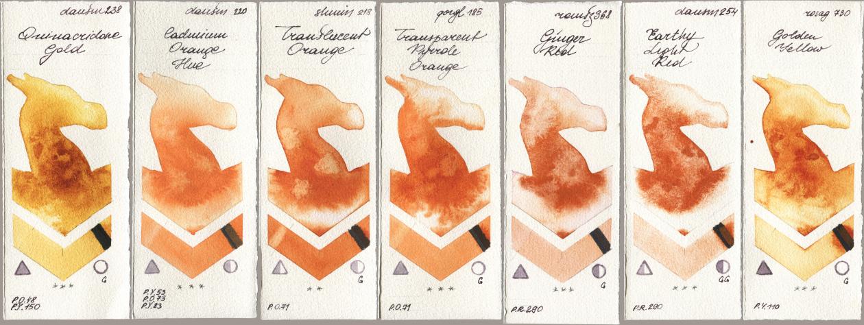 Daniel Smith 238 Quinacridone Gold, 220 Cadmium Orange Hue, Shminke Horadam Aquarell 218 Translucent Orange / Transparent Orange, Golden QOR 185 Transparent Pyrrole Orange, Roman Szmal Aquarius 368 Genger Red, 254 Earthy Light Red, Rosa Gallery 730 Golden Yell watercolor swatch