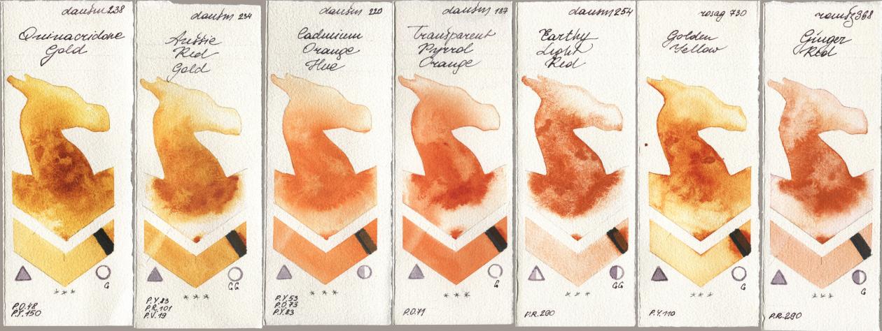 Daniel Smith 238 Quinacridone Gold, 234 Aussie Red Gold, 220 Cadmium Orange Hue, 187 Transparent Pyrrol Orange, 254 Earthy Light Red, Rosa Gallery 730 Golden Yellow, Roman Szmal Aquarius 368 Genger R watercolor swatch