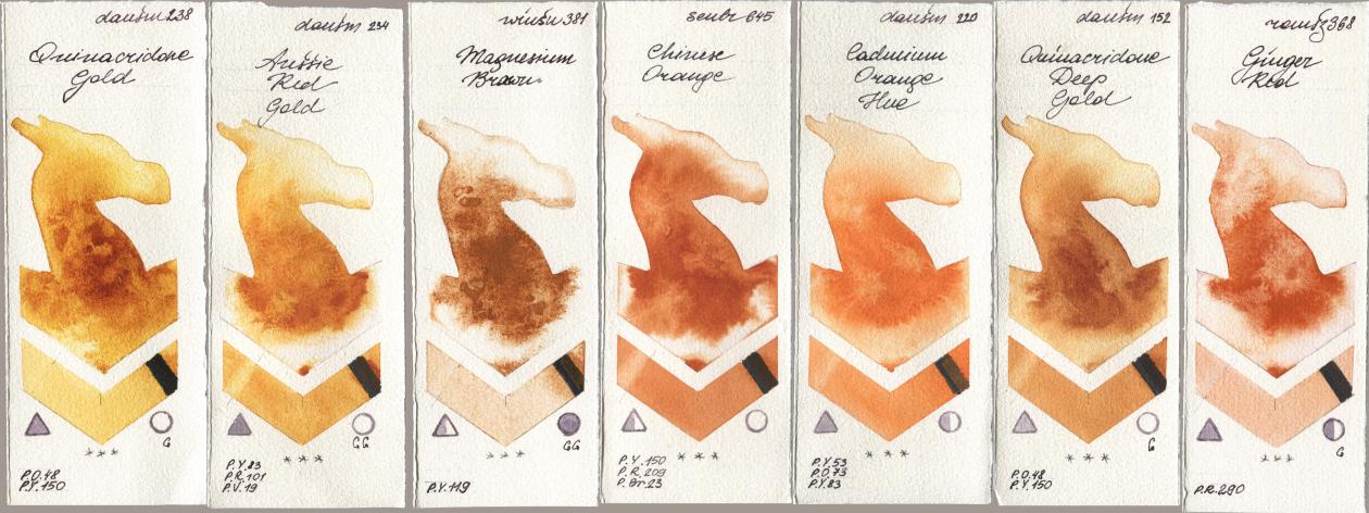 Daniel Smith 238 Quinacridone Gold, 234 Aussie Red Gold, Winsor & Newton Professional 381 Magnesuim Brown, Sennelier l Aquarelle 645 Chinese Orange, 220 Cadmium Orange Hue, 152 Quinacridone Deep Gold, Roman Szmal Aquarius 368 Genger R watercolor swatch