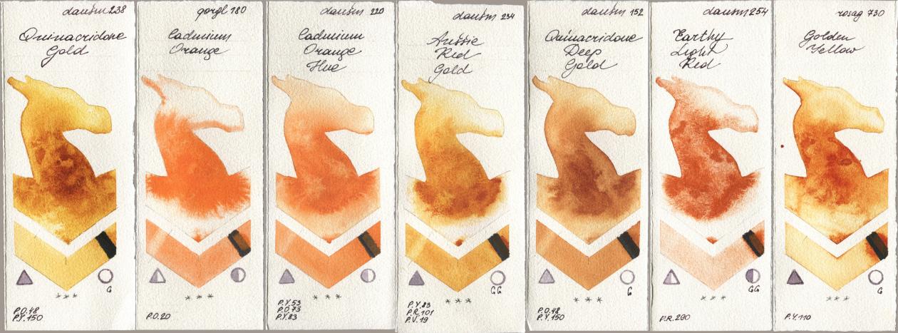 Daniel Smith 238 Quinacridone Gold, Golden QOR 180 Cadmium Orange, 220 Cadmium Orange Hue, 234 Aussie Red Gold, 152 Quinacridone Deep Gold, 254 Earthy Light Red, Rosa Gallery 730 Golden Yell watercolor swatch