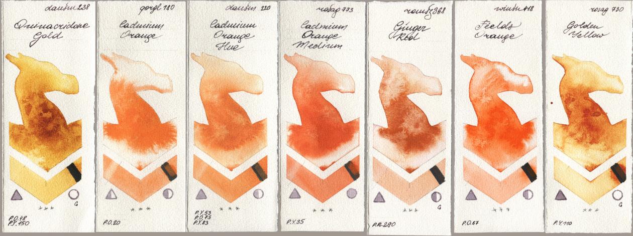 Daniel Smith 238 Quinacridone Gold, Golden QOR 180 Cadmium Orange, 220 Cadmium Orange Hue, Rosa Gallery 773 Cadmium Orange Medium, Roman Szmal Aquarius 368 Genger Red, Winsor & Newton Professional 418 Fields Orange, 730 Golden Yell watercolor swatch