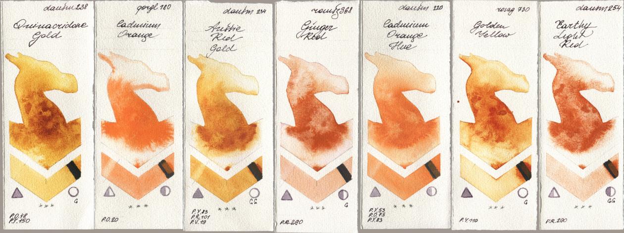 Daniel Smith 238 Quinacridone Gold, Golden QOR 180 Cadmium Orange, 234 Aussie Red Gold, Roman Szmal Aquarius 368 Genger Red, 220 Cadmium Orange Hue, Rosa Gallery 730 Golden Yellow, 254 Earthy Light R watercolor swatch
