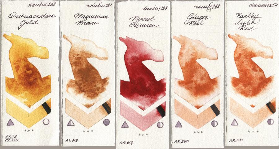 Daniel Smith 238 Quinacridone Gold vs Winsor & Newton Professional 381 Magnesuim Brown vs 127 Pyrrol Crimson vs Roman Szmal Aquarius 368 Genger Red vs 254 Earthy Light Red watercolor swatch