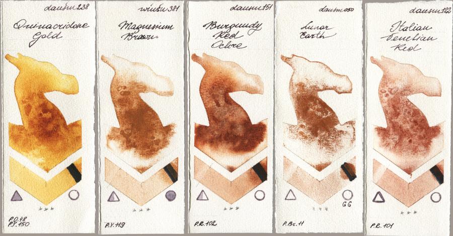 Daniel Smith 238 Quinacridone Gold vs Winsor & Newton Professional 381 Magnesuim Brown vs 151 Burgundy Red Ochre vs 050 Lunar Earth vs 122 Italian Venetian Red watercolor swatch